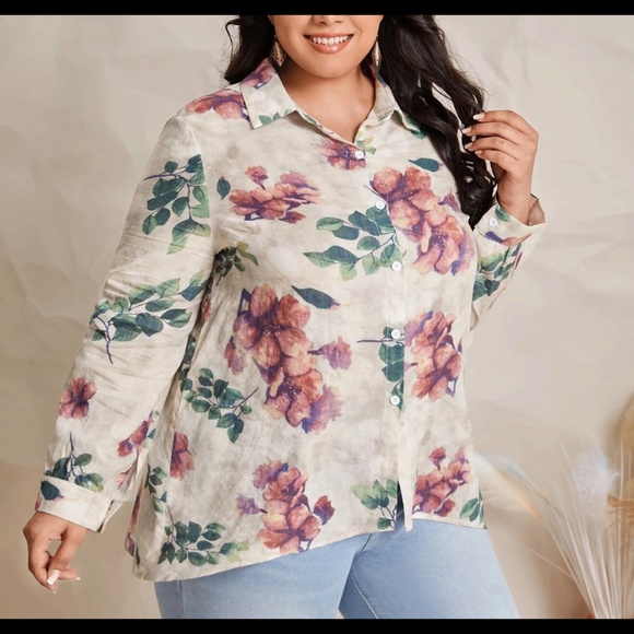 100% Linen Floral Blouse NEW 20 4X 4XL Watercolor Long Sleeve Button-up Collar - Picture 5 of 7